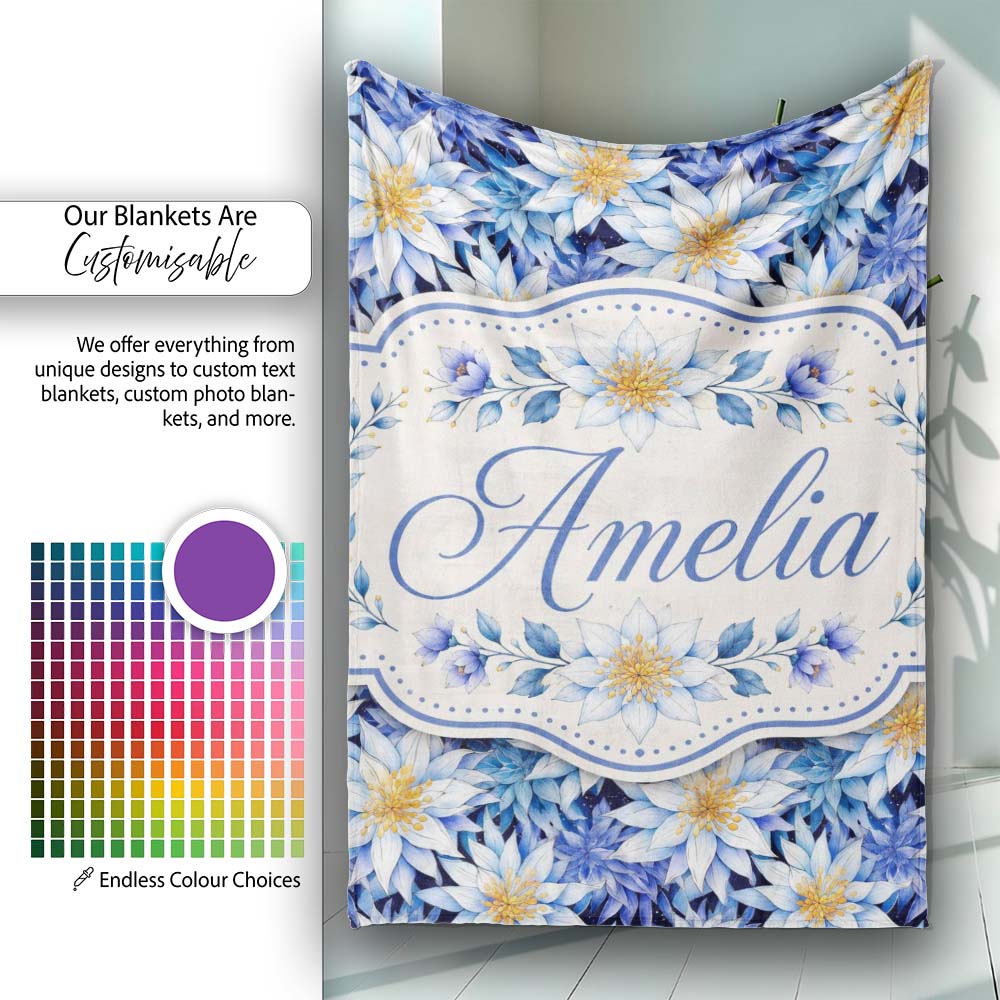 Bold Blue White Botanical Floral Seamless Pattern Cute Unique Gift Personalised Custom Name Super Soft Fleece Blanket Bed Sofa Throw