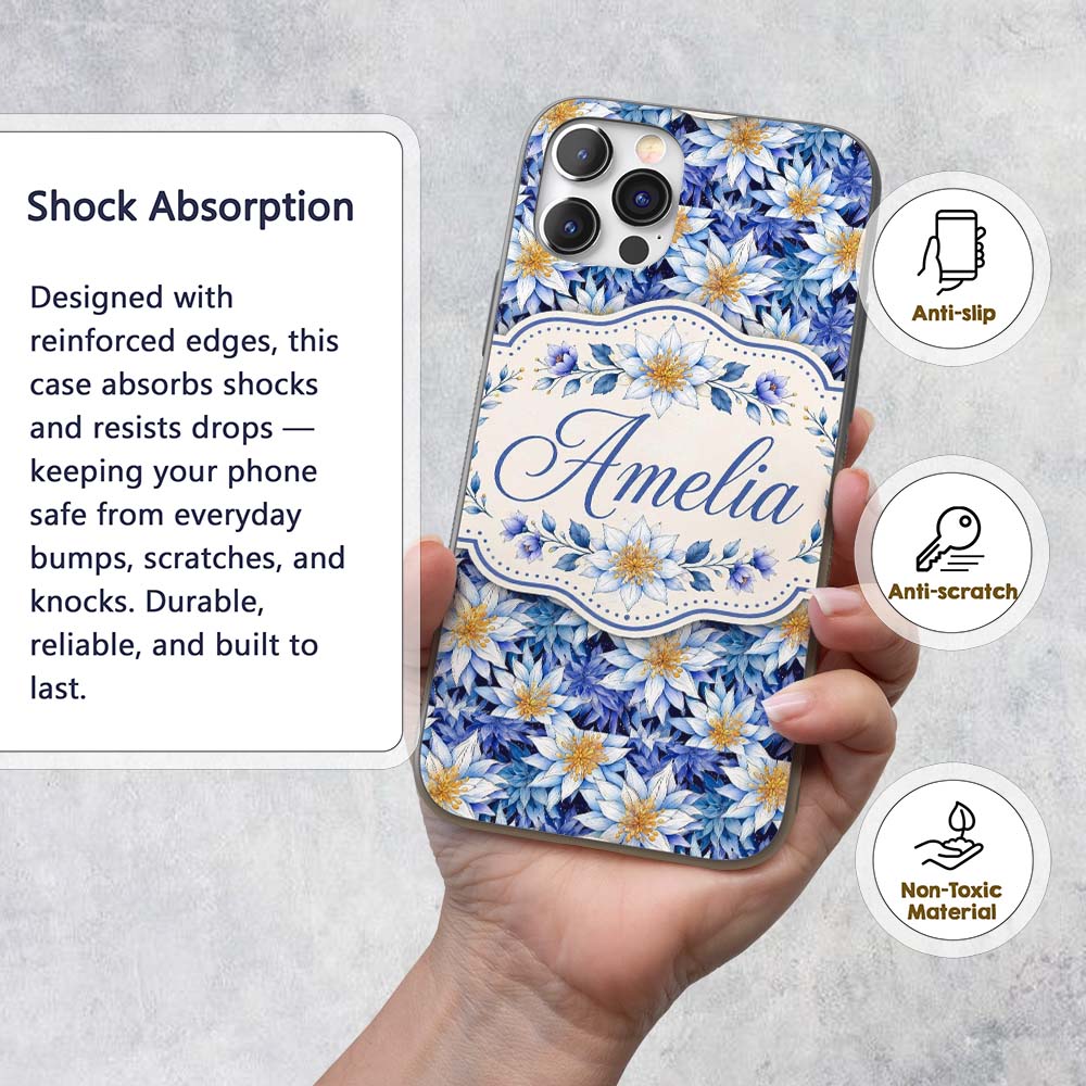 Bold Blue White Botanical Floral Seamless Pattern Custom Name Protective Phone Case Mobile Cover Durable Everyday Smartphone Shock Resistant