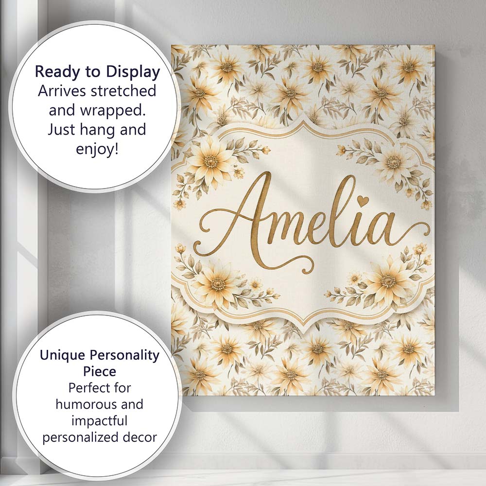Personalised Name Neutral Beige Floral Custom Modern Room Accent Elegant Feature Canvas Wall Art Print Decor Picture Ready to Hang