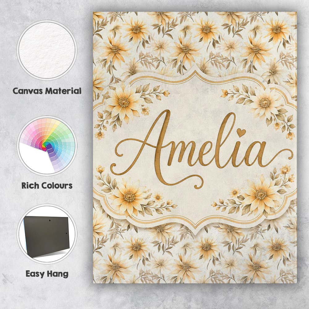 Personalised Name Neutral Beige Floral Custom Modern Room Accent Elegant Feature Canvas Wall Art Print Decor Picture Ready to Hang