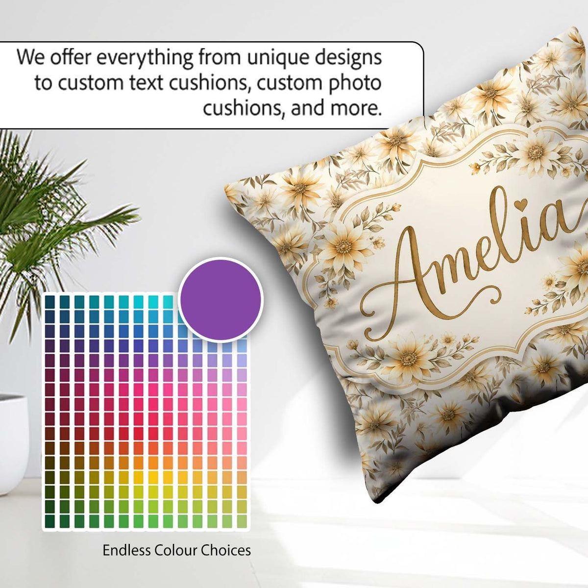Custom Name Neutral Beige Floral Elegant Seamless Pattern Lovely Square Filled Cushion Throw Pillow Sofa Bed Home Decor Zip Washable UK Made