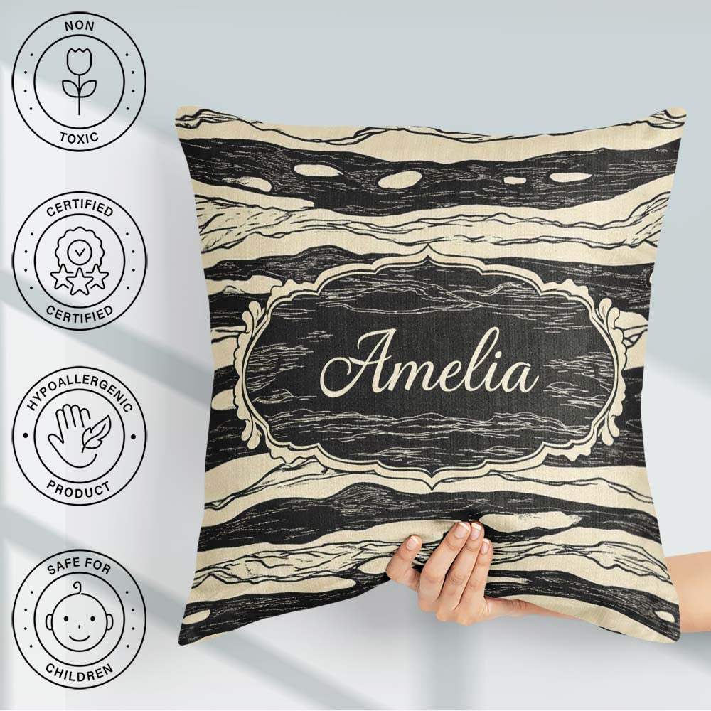 Custom Name Fluid Marble Swirl Black Cream Abstract Flow Pattern Square Filled Cushion Throw Pillow Sofa Bed Home Decor Zip Washable UK Made