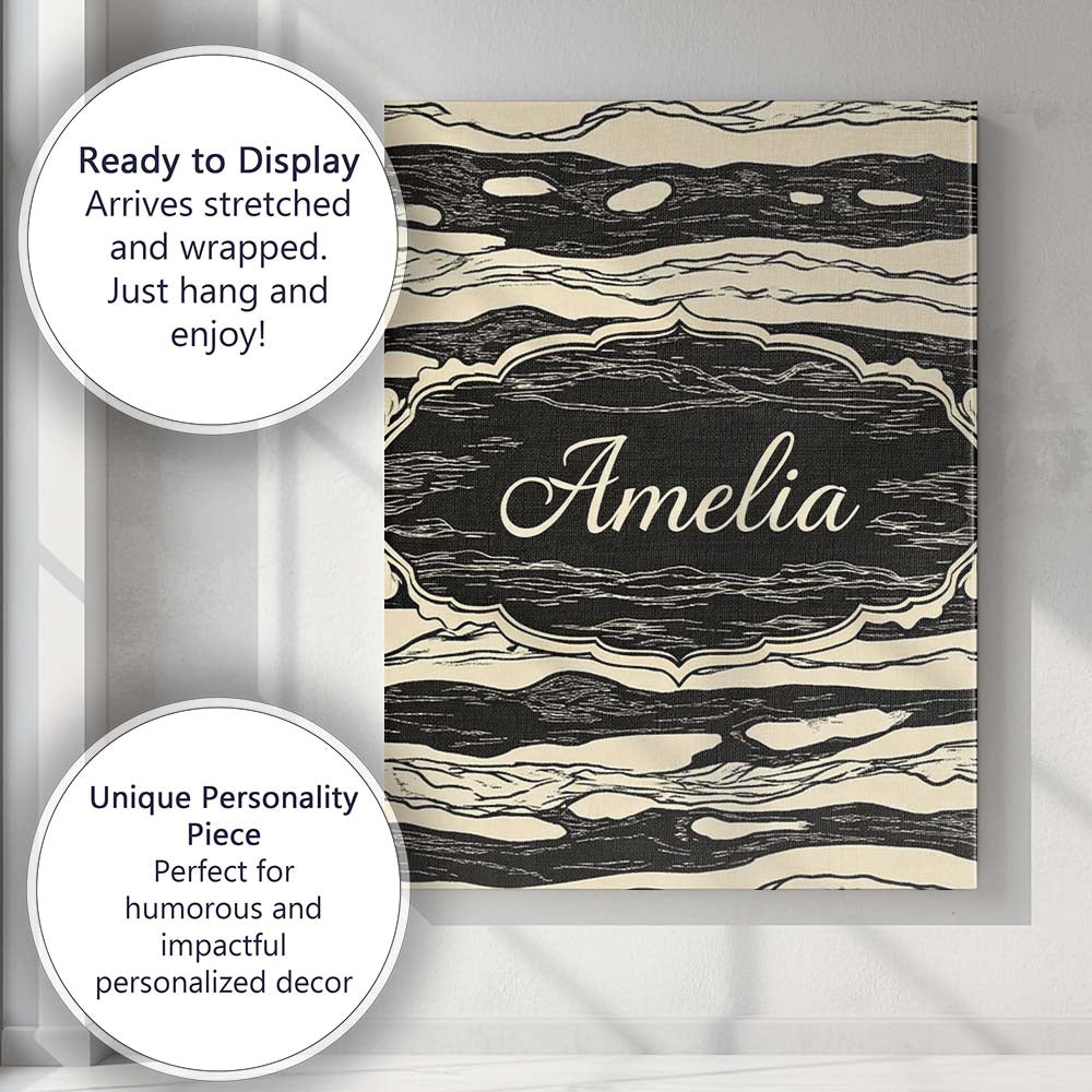 Personalised Name Fluid Marble Swirl Black Cream Abstract Flow Custom Modern Room Accent Canvas Wall Art Print Decor Picture Ready to Hang