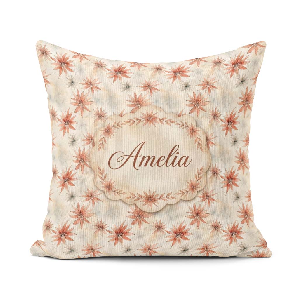 Custom Name Soft Coral Starflower Floral Seamless Pattern Lovely Square Filled Cushion Throw Pillow Sofa Bed Home Decor Zip Washable UK Made