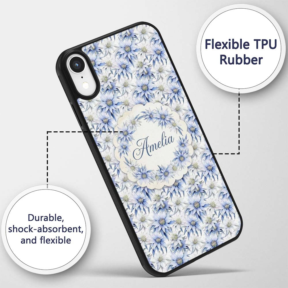 Elegant Blue Botanical Flower Watercolor Seamless Custom Name Protective Phone Case Mobile Cover Durable Everyday Smartphone Shock Resistant