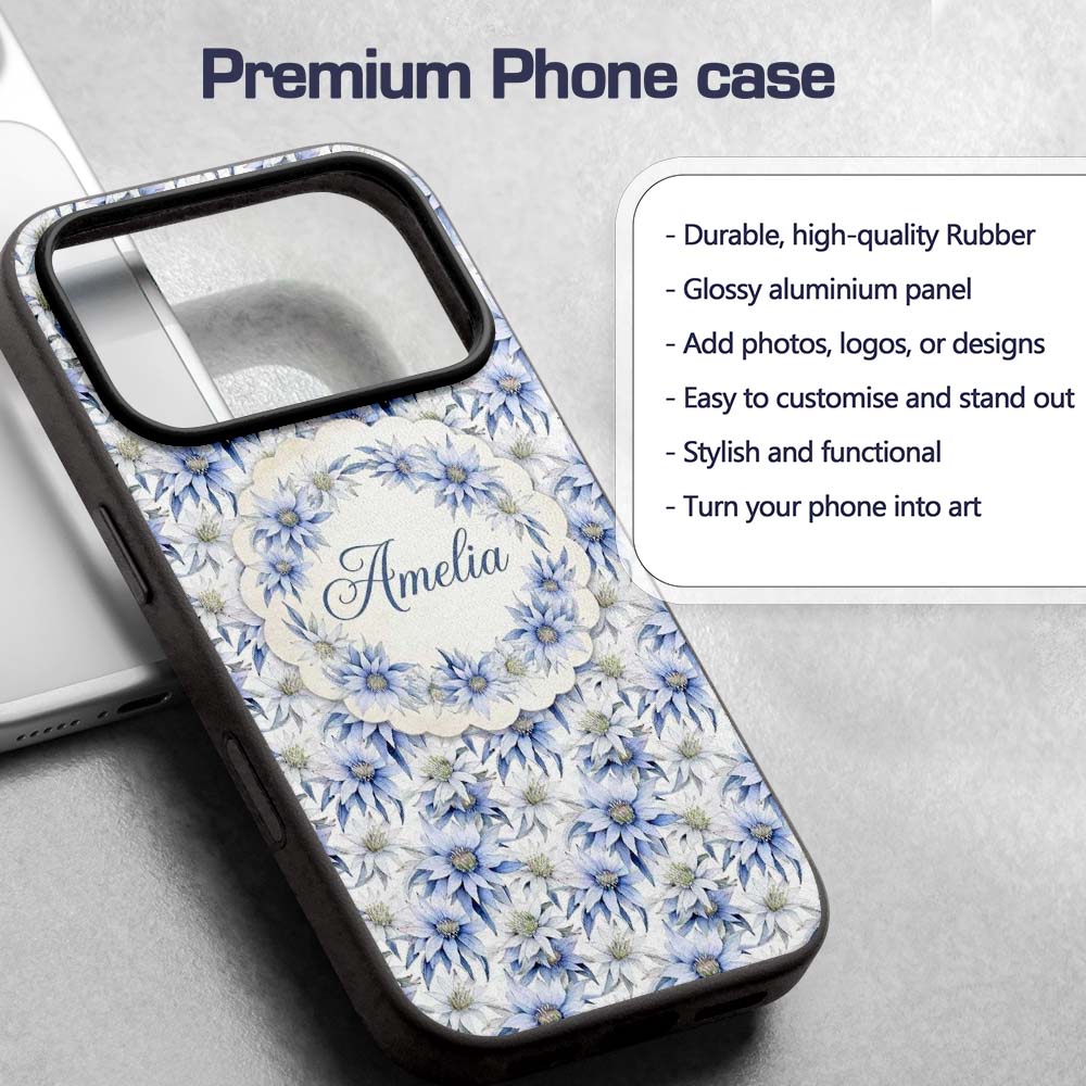 Elegant Blue Botanical Flower Watercolor Seamless Custom Name Protective Phone Case Mobile Cover Durable Everyday Smartphone Shock Resistant