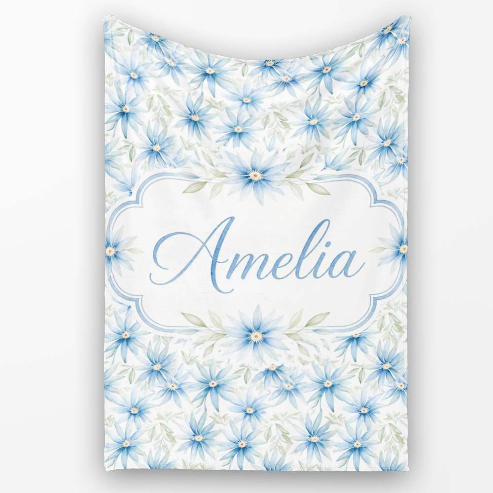 Light Blue Daisy Style Floral Seamless Pattern Thoughtful Gift Idea Personalised Custom Name Super Soft Fleece Blanket Bed Sofa Throw