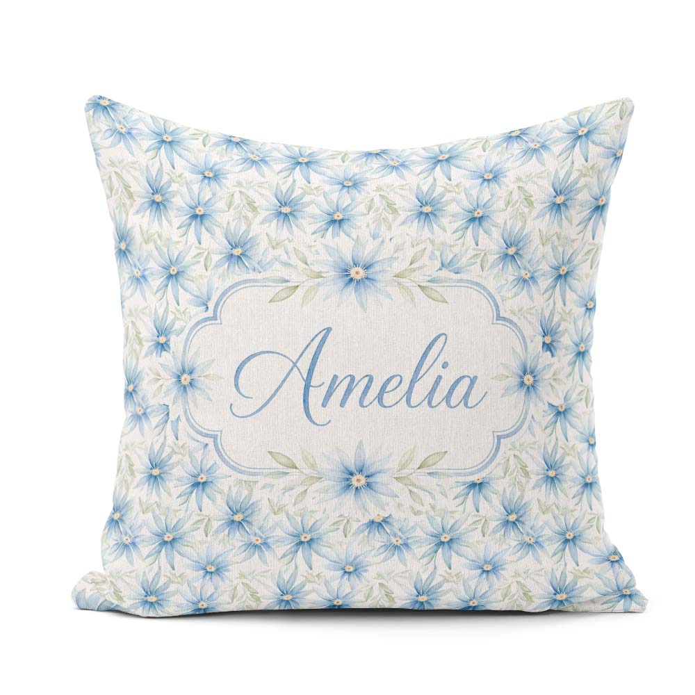 Custom Name Light Blue Daisy Style Floral Seamless Pattern Idea Square Filled Cushion Throw Pillow Sofa Bed Home Decor Zip Washable UK Made