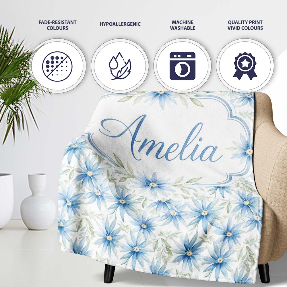Light Blue Daisy Style Floral Seamless Pattern Thoughtful Gift Idea Personalised Custom Name Super Soft Fleece Blanket Bed Sofa Throw