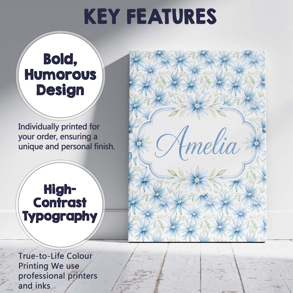 Personalised Name Light Blue Daisy Style Custom Unique Gift Idea Elegant Feature Canvas Wall Art Print Decor Picture Ready to Hang