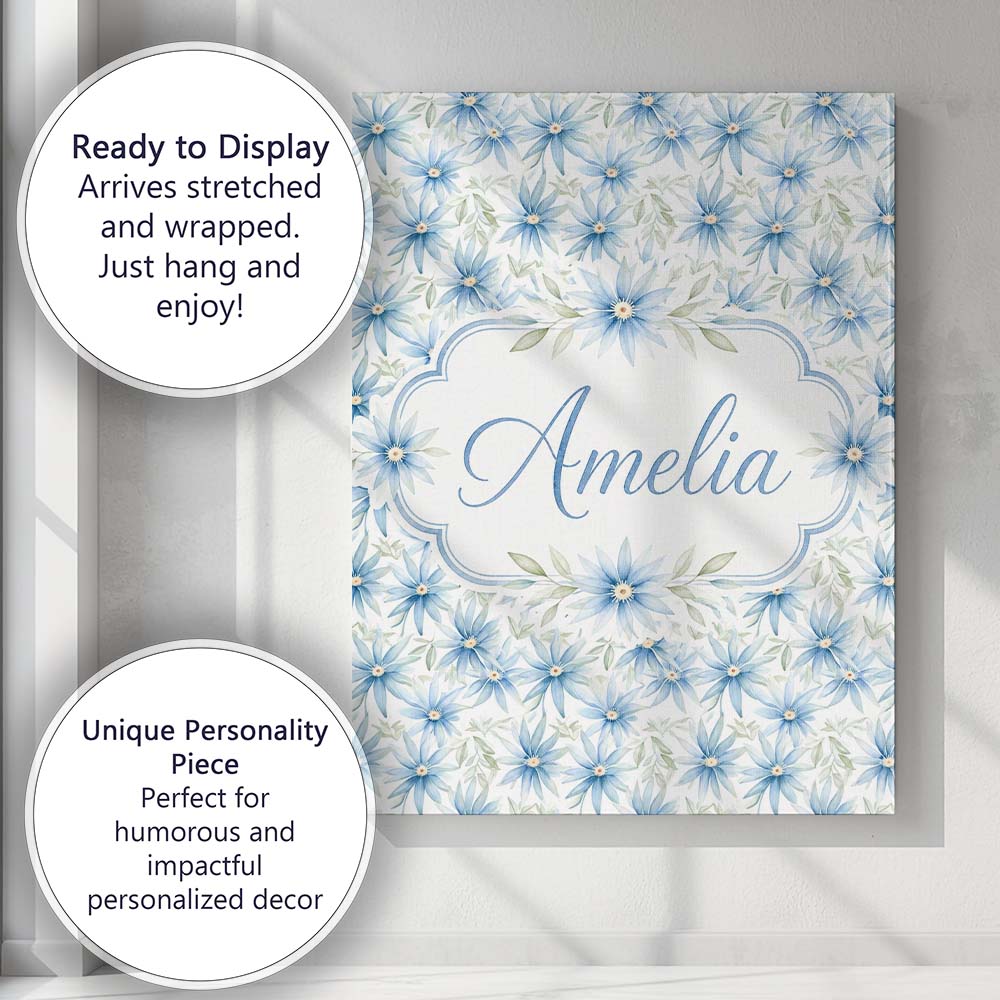 Personalised Name Light Blue Daisy Style Custom Unique Gift Idea Elegant Feature Canvas Wall Art Print Decor Picture Ready to Hang