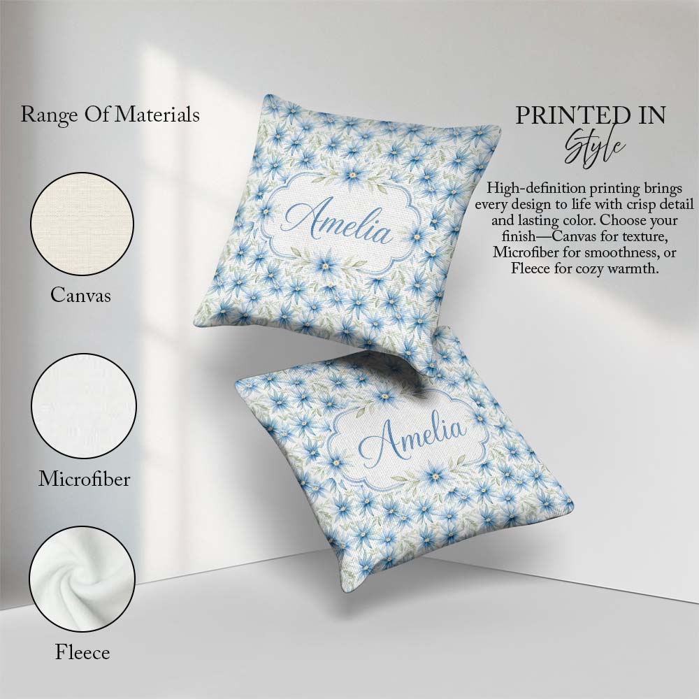Custom Name Light Blue Daisy Style Floral Seamless Pattern Idea Square Filled Cushion Throw Pillow Sofa Bed Home Decor Zip Washable UK Made
