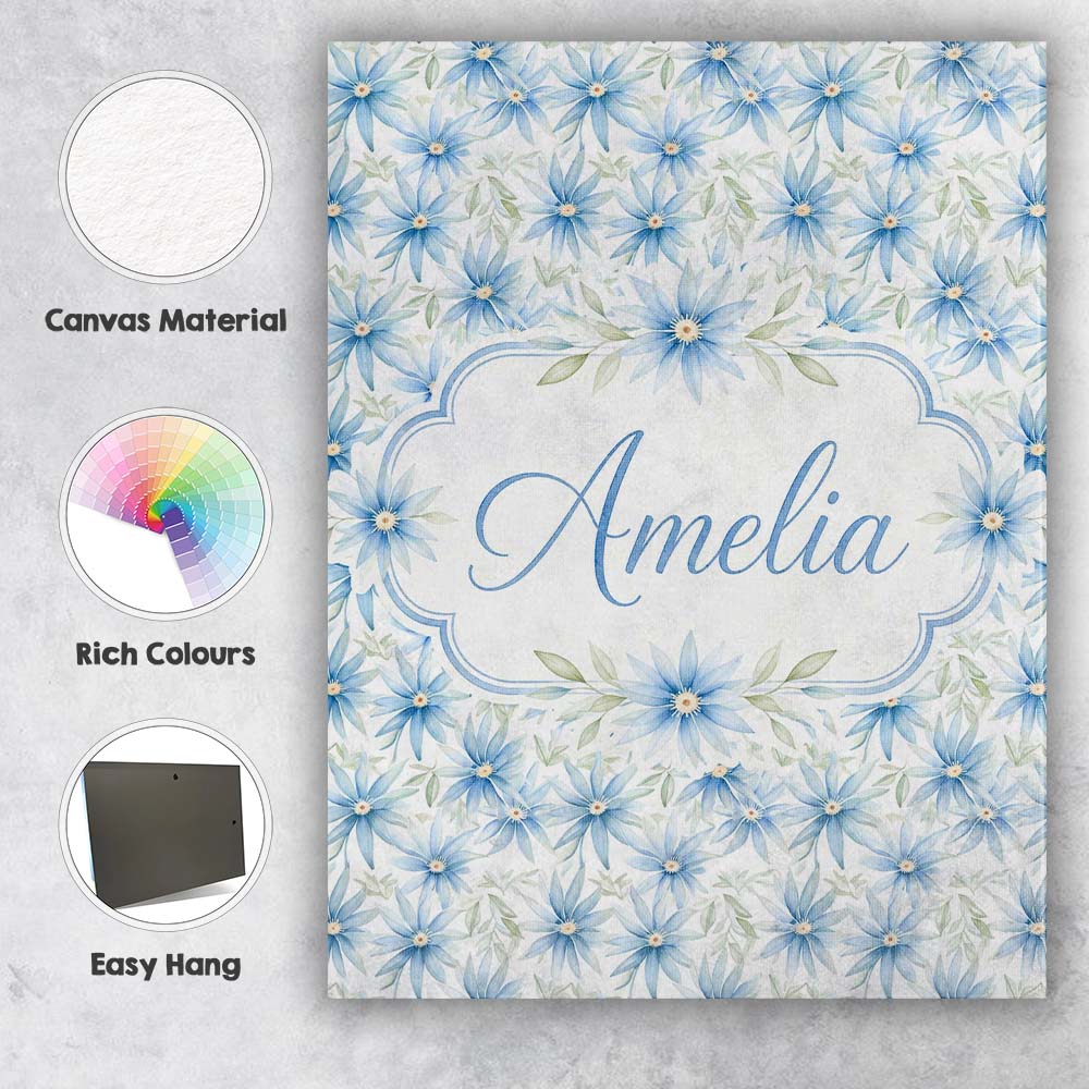 Personalised Name Light Blue Daisy Style Custom Unique Gift Idea Elegant Feature Canvas Wall Art Print Decor Picture Ready to Hang