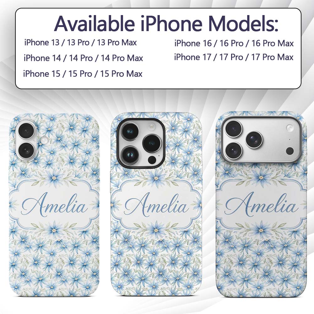 Light Blue Daisy Style Floral Seamless Pattern Custom Name Protective Phone Case Mobile Cover Durable Everyday Smartphone Shock Resistant