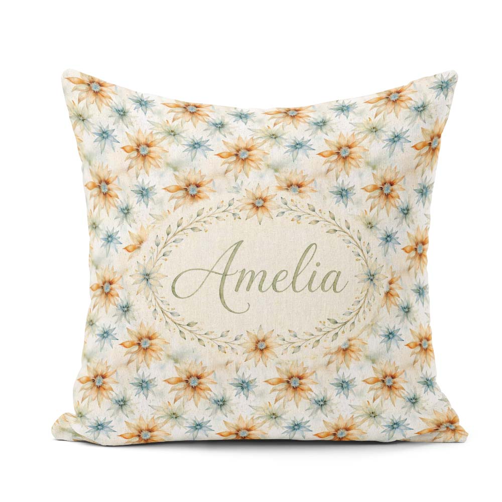 Custom Name Soft Orange and Blue Floral Seamless Pattern Lovely Square Filled Cushion Throw Pillow Sofa Bed Home Decor Zip Washable UK Made