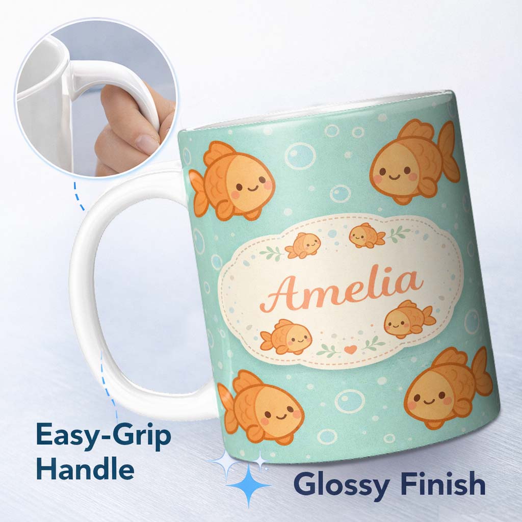 Personalized Custom Name Cute Goldfish Cartoon Animal Ocean Pattern Beautiful Coffee Cup 11oz Ceramic Coffee Tea Mug White Large Handle