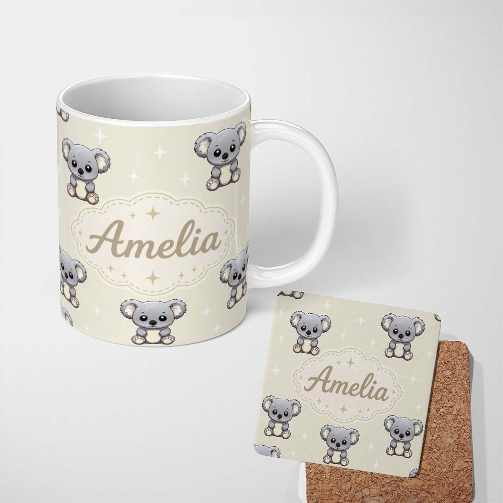 Personalized Custom Name Cute Cartoon Koala Bears with White Stars on Light Beige Background 11oz Ceramic Coffee Tea Mug White Large Handle