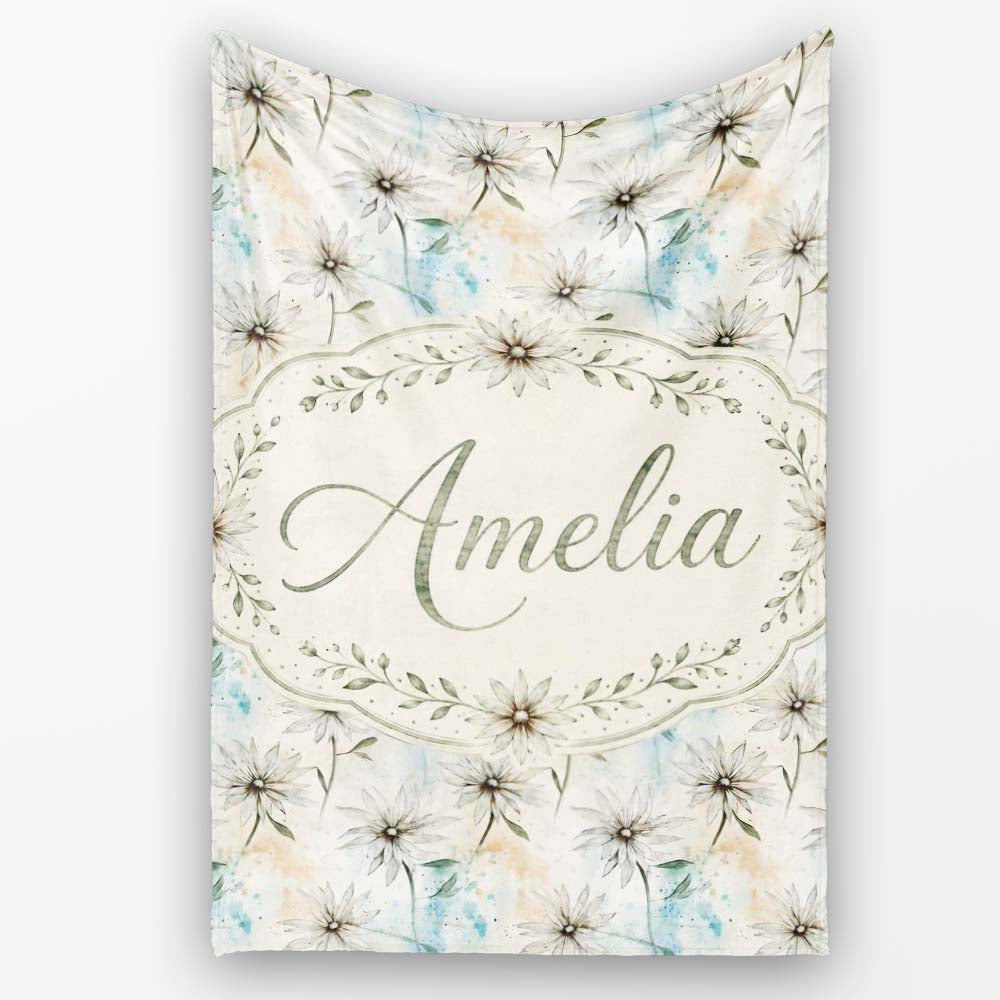 Minimal Neutral Botanical Flower Watercolor Seamless Pattern Lovely Personalised Custom Name Super Soft Fleece Blanket Bed Sofa Throw