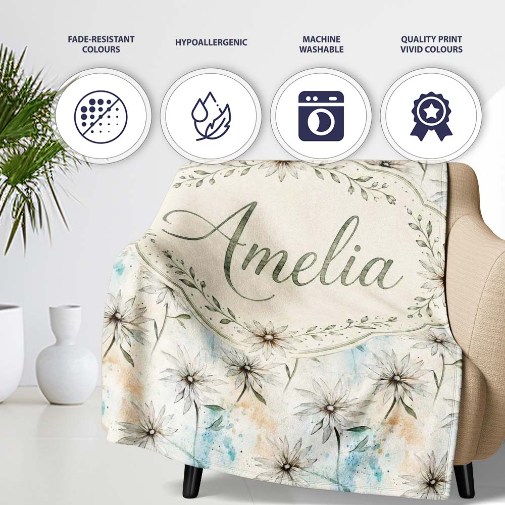 Minimal Neutral Botanical Flower Watercolor Seamless Pattern Lovely Personalised Custom Name Super Soft Fleece Blanket Bed Sofa Throw