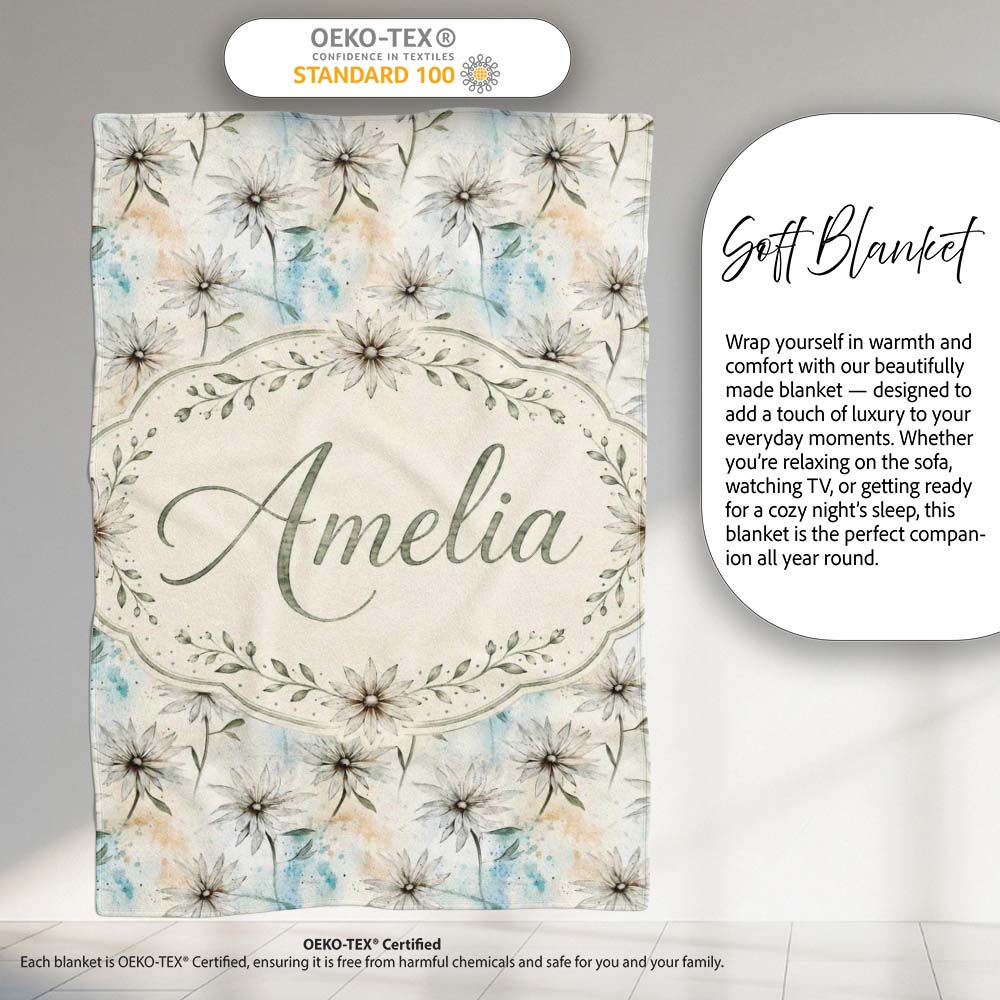 Minimal Neutral Botanical Flower Watercolor Seamless Pattern Lovely Personalised Custom Name Super Soft Fleece Blanket Bed Sofa Throw