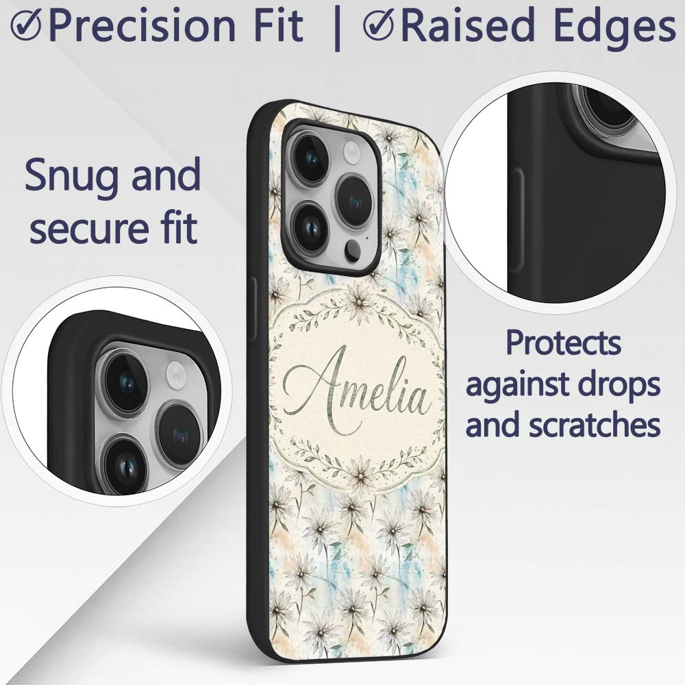 Minimal Neutral Botanical Flower Printed Design Custom Name Protective Phone Case Mobile Cover Durable Everyday Smartphone Shock Resistant