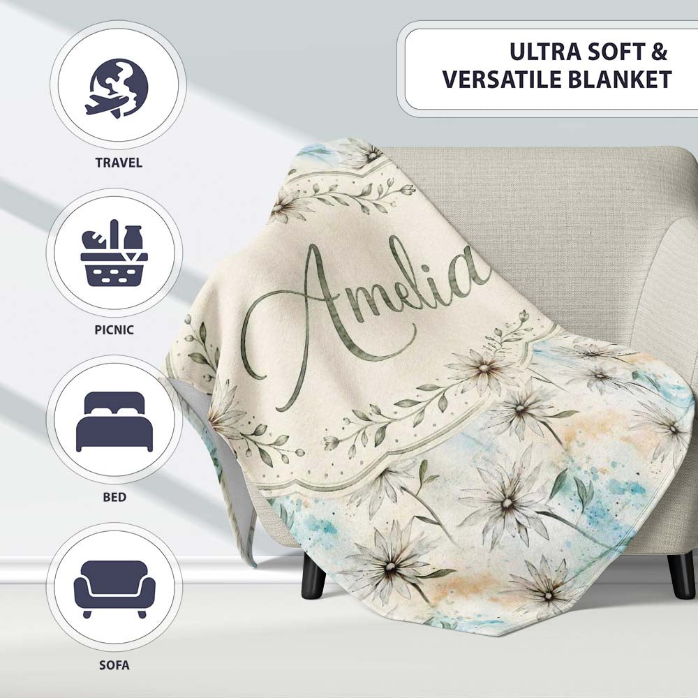 Minimal Neutral Botanical Flower Watercolor Seamless Pattern Lovely Personalised Custom Name Super Soft Fleece Blanket Bed Sofa Throw