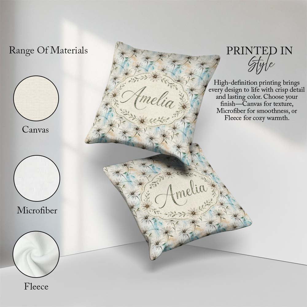 Custom Name Minimal Neutral Botanical Flower Watercolor Seamless Square Filled Cushion Throw Pillow Sofa Bed Home Decor Zip Washable UK Made