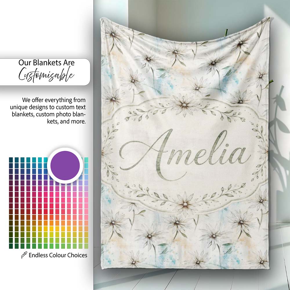 Minimal Neutral Botanical Flower Watercolor Seamless Pattern Lovely Personalised Custom Name Super Soft Fleece Blanket Bed Sofa Throw