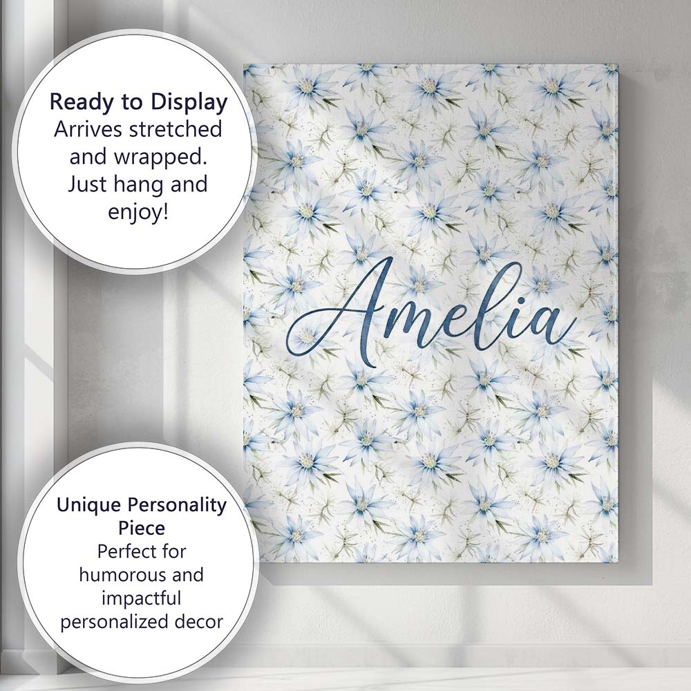 Personalised Name Soft Blue Floral with Custom Modern Room Accent Elegant Feature Canvas Wall Art Print Decor Picture Ready to Hang