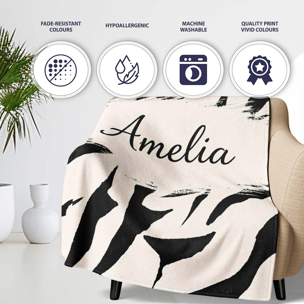 Wavy Zebra Lines Black Cream Organic Stripe Pattern Cute Unique Gift Personalised Custom Name Super Soft Fleece Blanket Bed Sofa Throw