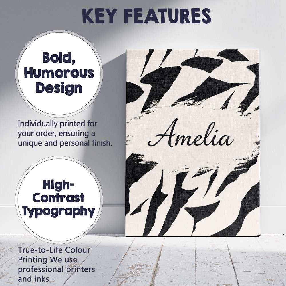 Personalised Name Wavy Zebra Lines Black Cream Organic Stripe Custom Contemporary Display Canvas Wall Art Print Decor Picture Ready to Hang