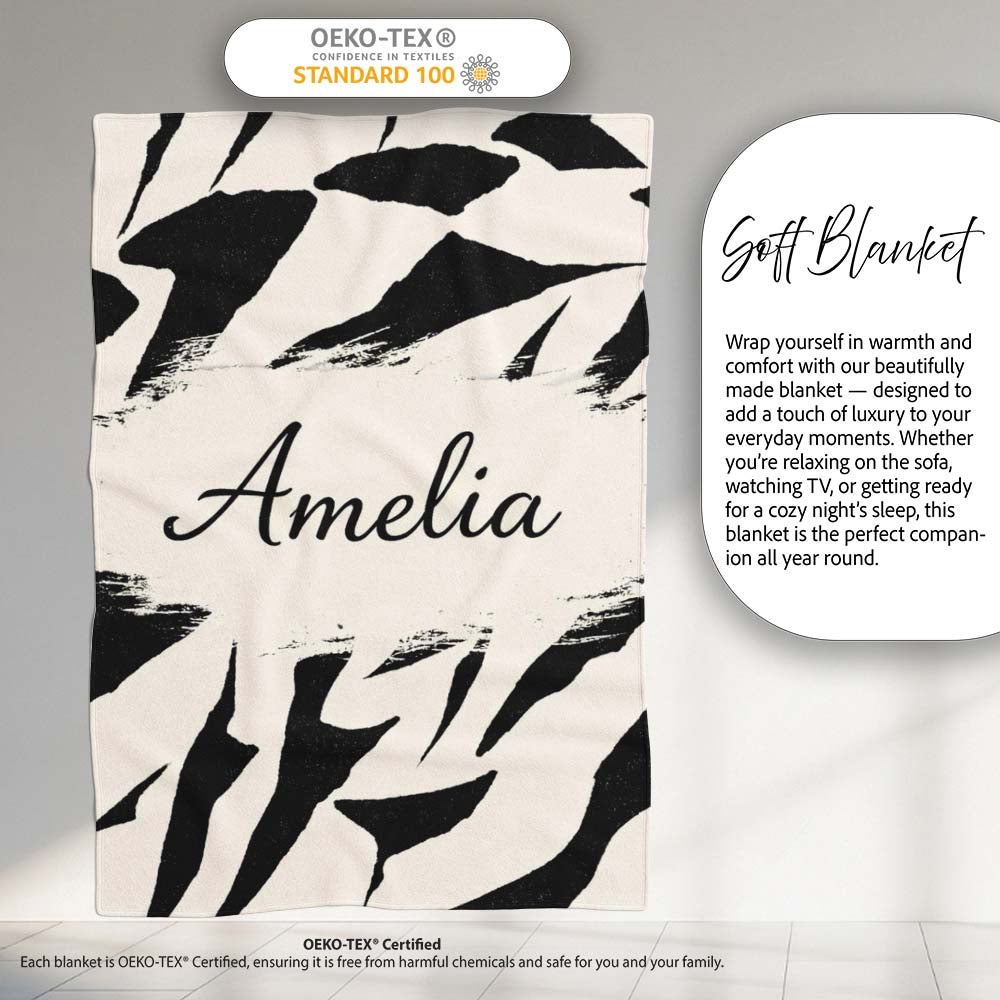 Wavy Zebra Lines Black Cream Organic Stripe Pattern Cute Unique Gift Personalised Custom Name Super Soft Fleece Blanket Bed Sofa Throw