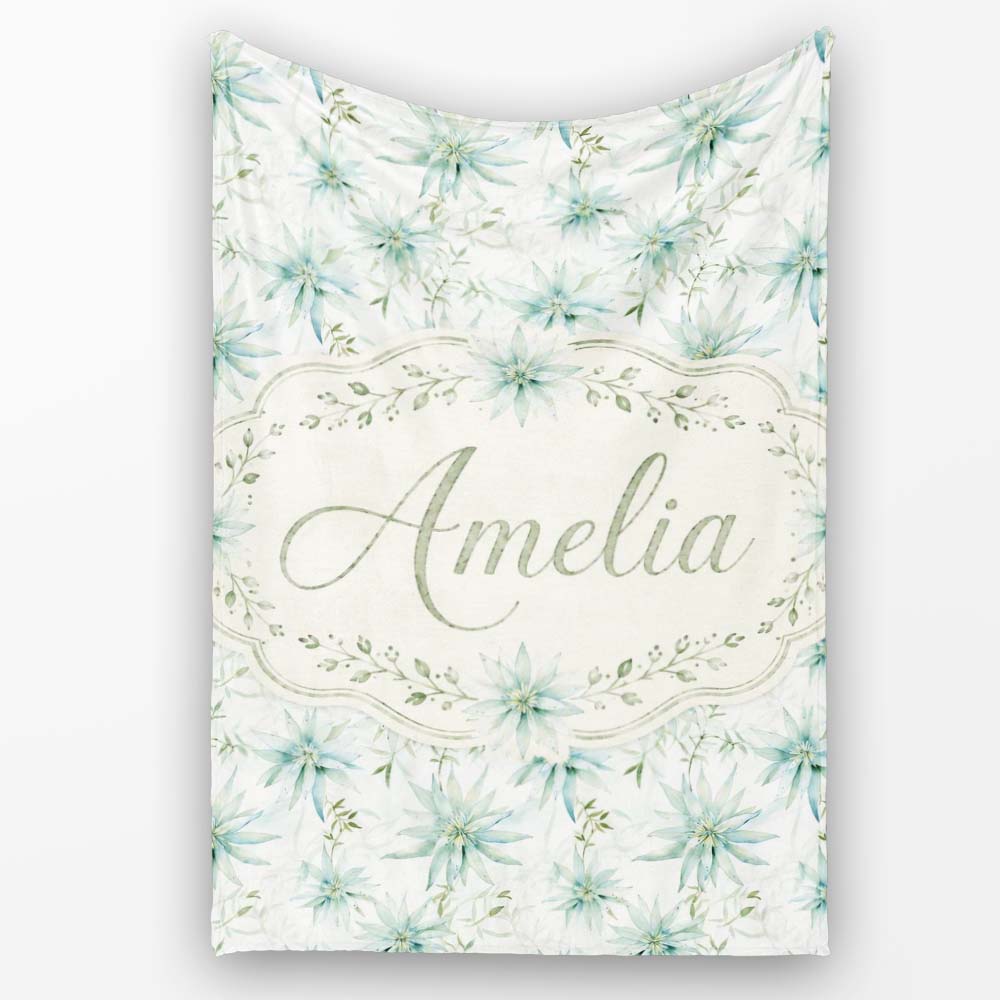 Soft Teal Starflower Watercolor Floral Seamless Pattern Lovely Personalised Custom Name Super Soft Fleece Blanket Bed Sofa Throw