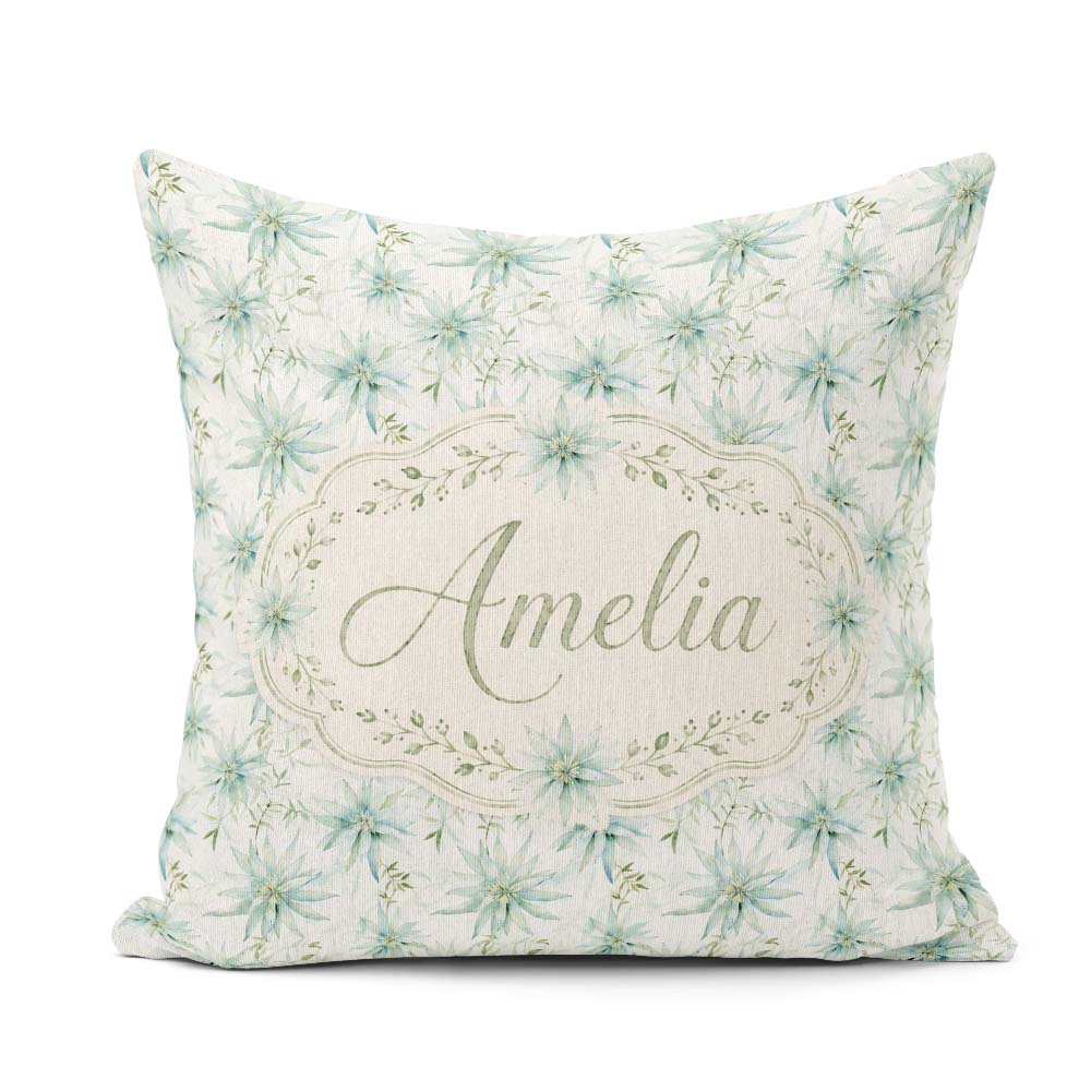 Custom Name Soft Teal Starflower Floral Seamless Pattern Lovely Square Filled Cushion Throw Pillow Sofa Bed Home Decor Zip Washable UK Made