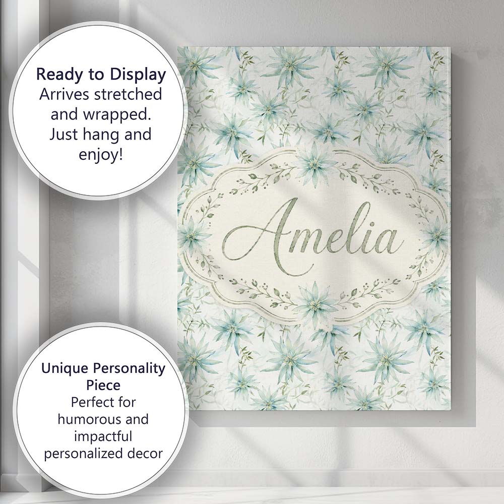 Personalised Name Soft Teal Starflower Custom Modern Room Accent Elegant Feature Canvas Wall Art Print Decor Picture Ready to Hang