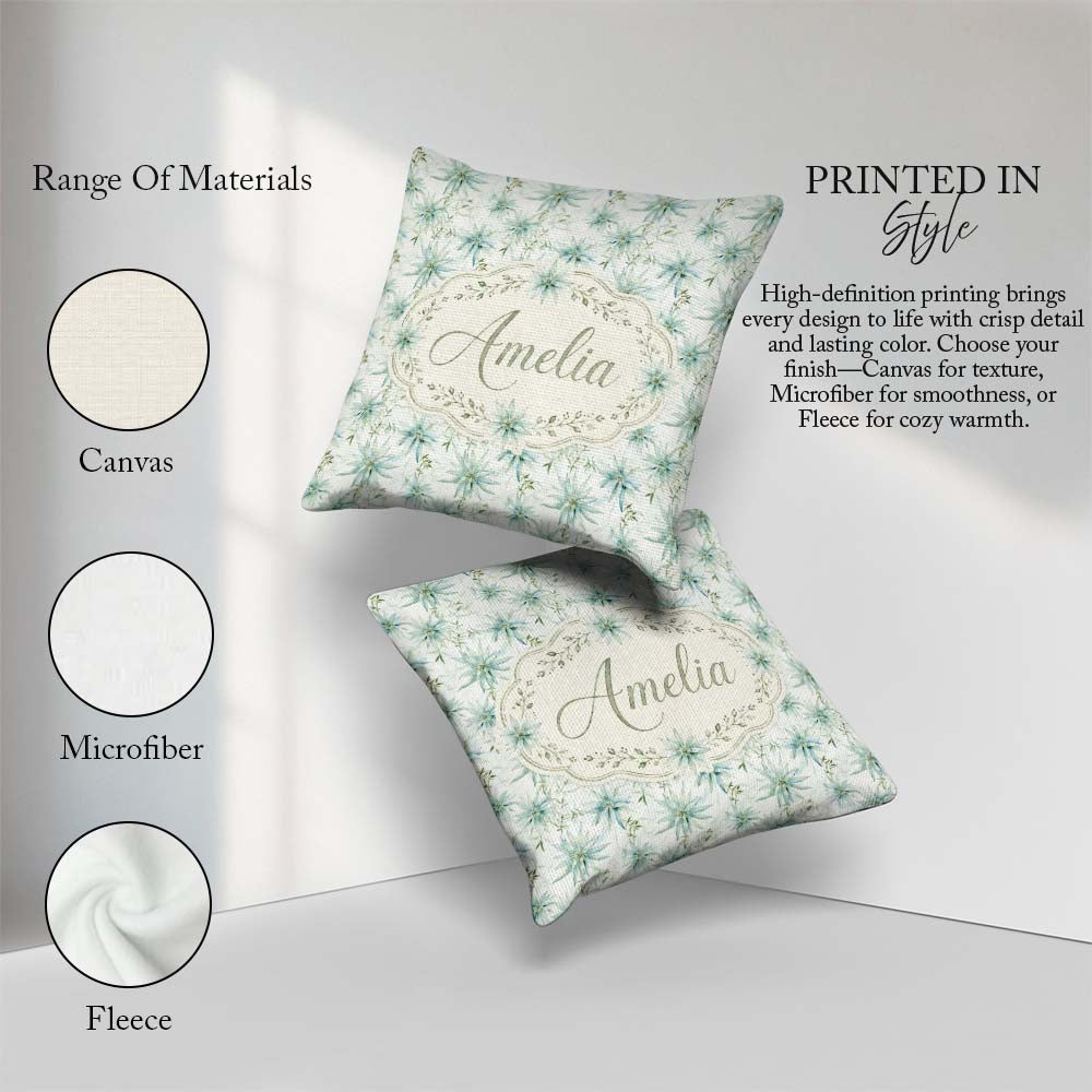 Custom Name Soft Teal Starflower Floral Seamless Pattern Lovely Square Filled Cushion Throw Pillow Sofa Bed Home Decor Zip Washable UK Made