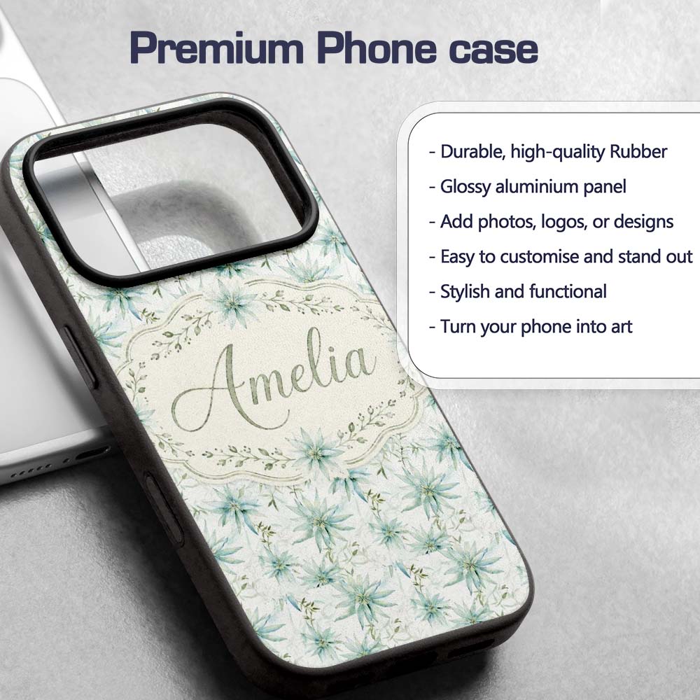 Soft Teal Starflower Watercolor Floral Seamless Custom Name Protective Phone Case Mobile Cover Durable Everyday Smartphone Shock Resistant