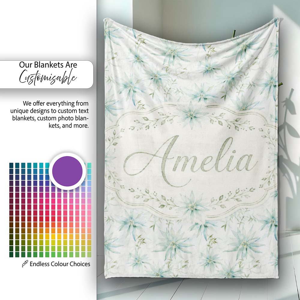 Soft Teal Starflower Watercolor Floral Seamless Pattern Lovely Personalised Custom Name Super Soft Fleece Blanket Bed Sofa Throw