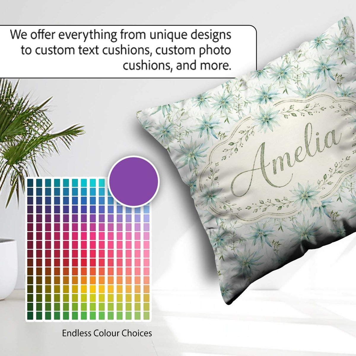 Custom Name Soft Teal Starflower Floral Seamless Pattern Lovely Square Filled Cushion Throw Pillow Sofa Bed Home Decor Zip Washable UK Made