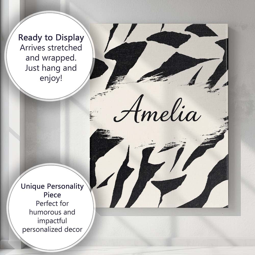 Personalised Name Wavy Zebra Lines Black Cream Organic Stripe Custom Contemporary Display Canvas Wall Art Print Decor Picture Ready to Hang
