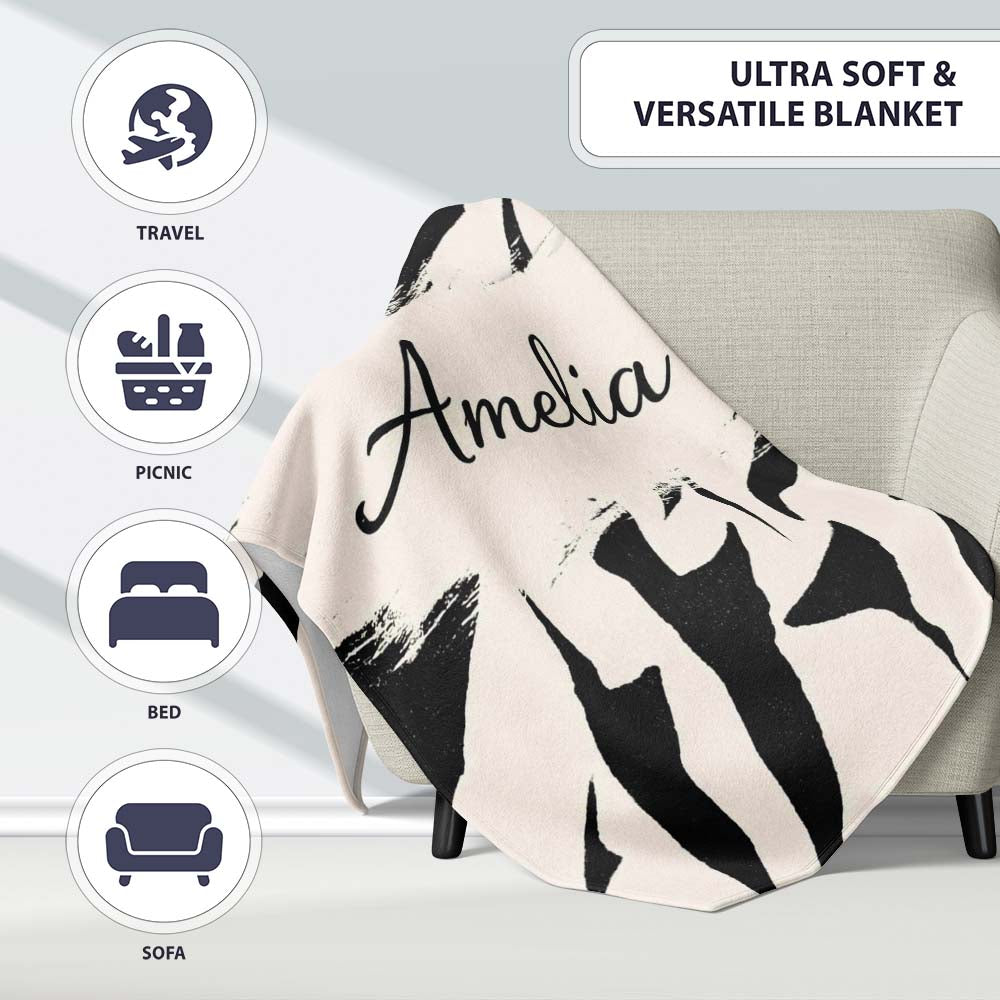 Wavy Zebra Lines Black Cream Organic Stripe Pattern Cute Unique Gift Personalised Custom Name Super Soft Fleece Blanket Bed Sofa Throw