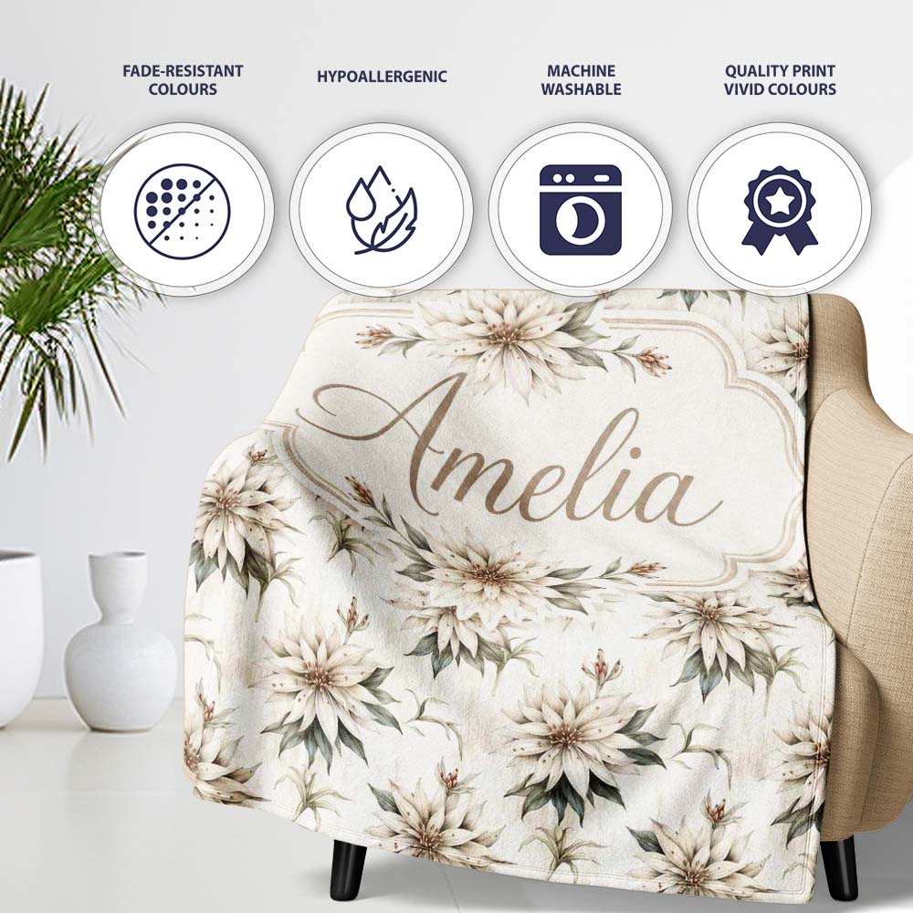 Vintage Neutral Flower Botanical Seamless Pattern Cute Unique Gift Personalised Custom Name Super Soft Fleece Blanket Bed Sofa Throw