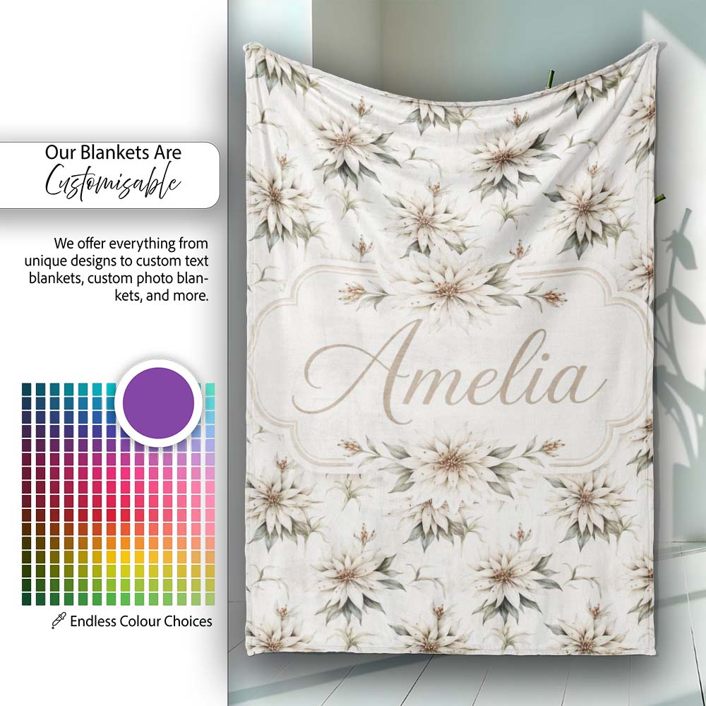 Vintage Neutral Flower Botanical Seamless Pattern Cute Unique Gift Personalised Custom Name Super Soft Fleece Blanket Bed Sofa Throw