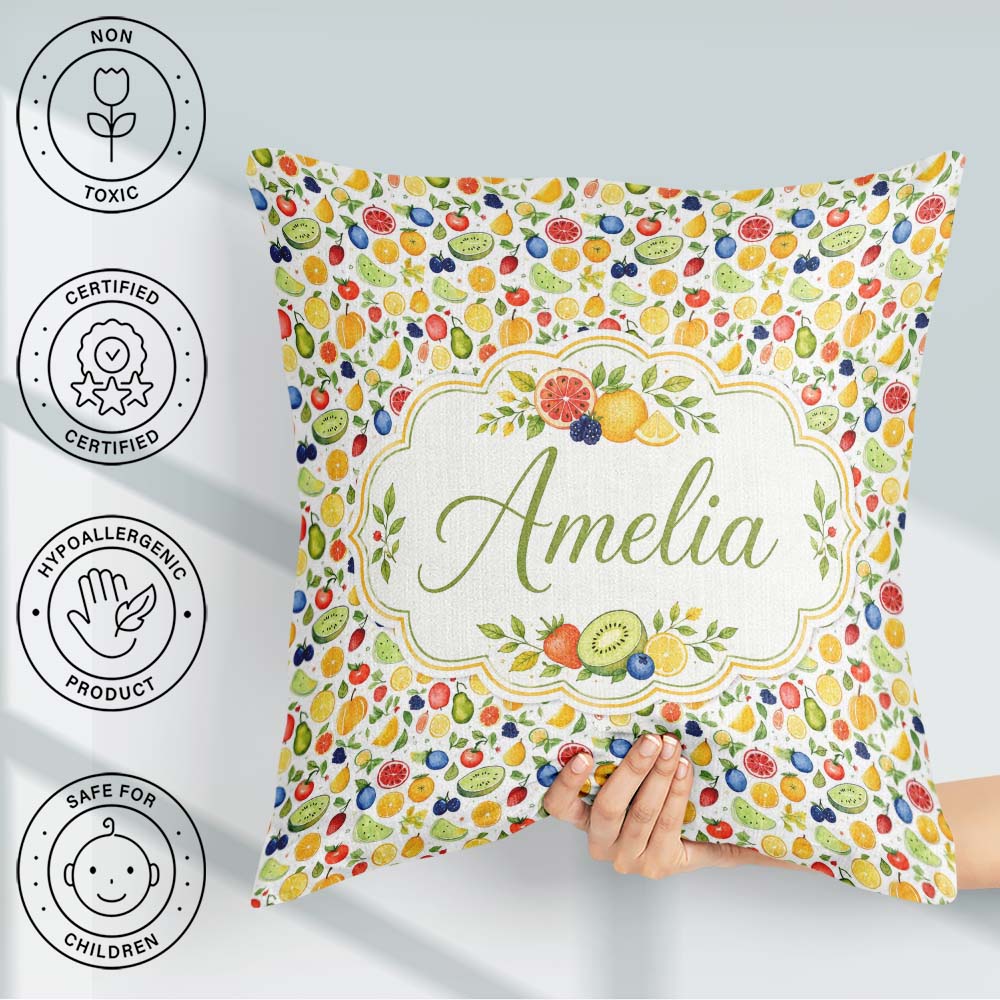 Custom Name Hand Drawn Mixed Fruit Illustration Seamless Pattern Square Filled Cushion Throw Pillow Sofa Bed Home Decor Zip Washable UK Made