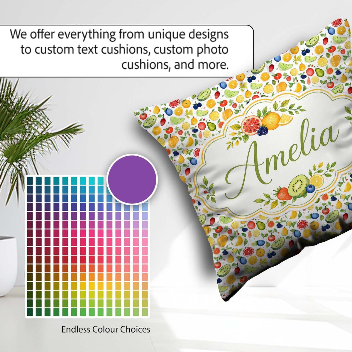 Custom Name Hand Drawn Mixed Fruit Illustration Seamless Pattern Square Filled Cushion Throw Pillow Sofa Bed Home Decor Zip Washable UK Made