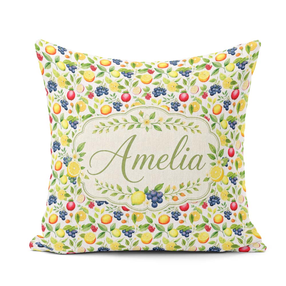 Custom Name Watercolor Citrus and Berry Botanical Pattern Lovely Square Filled Cushion Throw Pillow Sofa Bed Home Decor Zip Washable UK Made