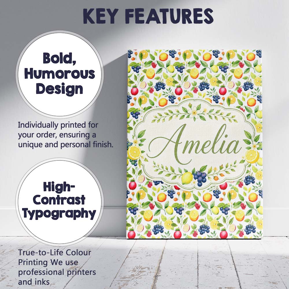 Personalised Name Watercolor Citrus and Custom Modern Room Accent Elegant Feature Canvas Wall Art Print Decor Picture Ready to Hang