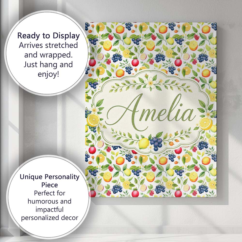 Personalised Name Watercolor Citrus and Custom Modern Room Accent Elegant Feature Canvas Wall Art Print Decor Picture Ready to Hang
