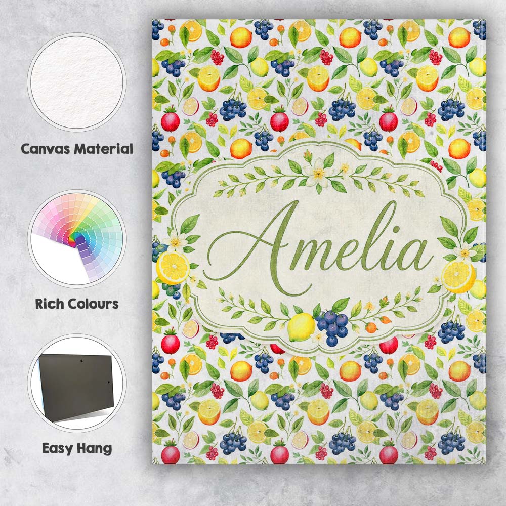 Personalised Name Watercolor Citrus and Custom Modern Room Accent Elegant Feature Canvas Wall Art Print Decor Picture Ready to Hang