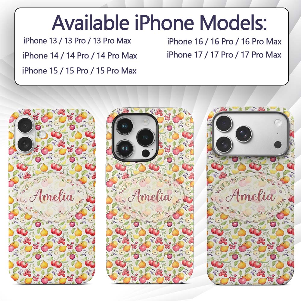 Fresh Apple Pear and Cherry Watercolor Seamless Custom Name Protective Phone Case Mobile Cover Durable Everyday Smartphone Shock Resistant